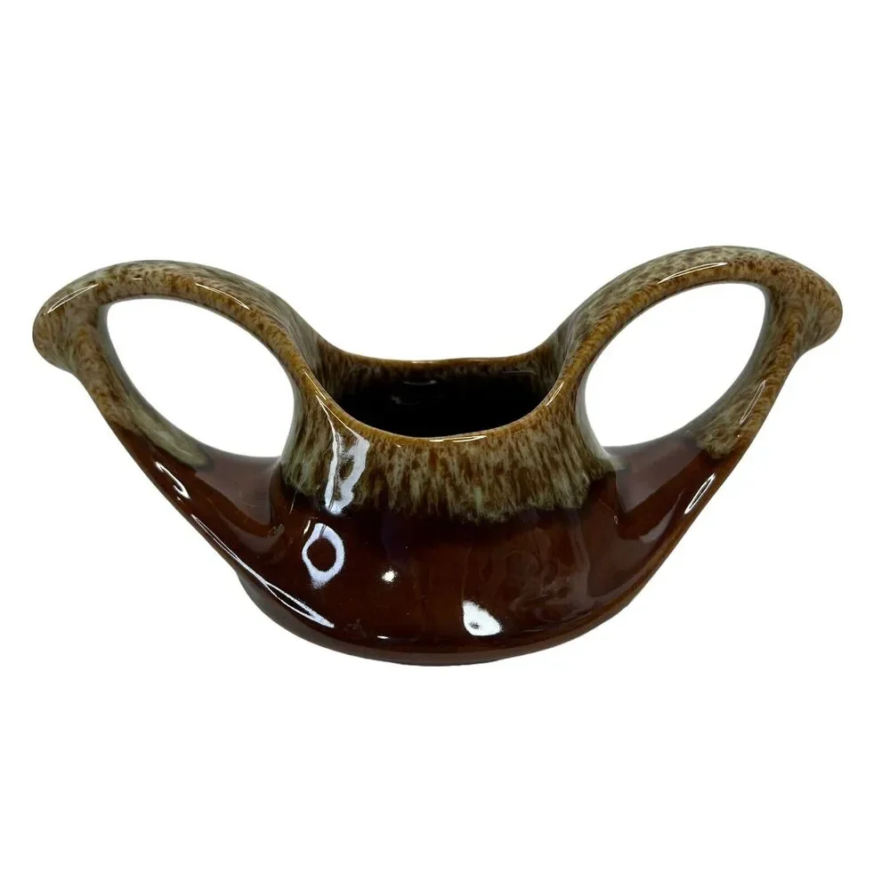 Vintage MCM Art Pottery Brown Drip Glaze Sugar‎ Dish Marked 70 Mid Century
